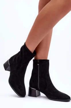 Online Zamszowe Ażurowe Botki Na Obcasie Czarne Perale Damskie Botki Wiosenne|Czarne Botki
