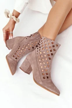 Discount Zamszowe Ażurowe Botki Na Obcasie Nicole 2638 Brązowe Damskie Botki Wiosenne|Botki Na Słupku