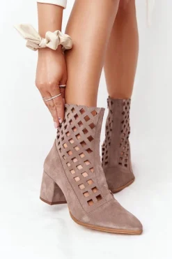 Discount Zamszowe Ażurowe Botki Na Obcasie Nicole 2638 Brązowe Damskie Botki Wiosenne|Botki Na Słupku