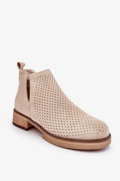Hot Boto Zamszowe Ażurowe Botki Na Płaskim Obcasie Beżowe Angie