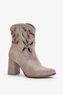 Clearance Zamszowe Ażurowe Botki Na Słupku Lewski 3629 Cappucino Damskie Botki Na Słupku|Botki Ażurowe