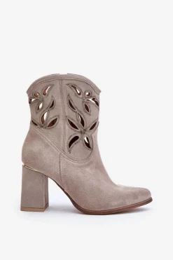 Clearance Zamszowe Ażurowe Botki Na Słupku Lewski 3629 Cappucino Damskie Botki Na Słupku|Botki Ażurowe