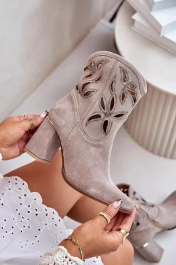 Clearance Zamszowe Ażurowe Botki Na Słupku Lewski 3629 Cappucino Damskie Botki Na Słupku|Botki Ażurowe