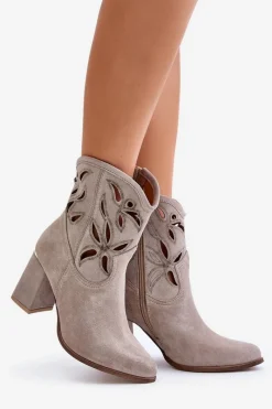 Clearance Zamszowe Ażurowe Botki Na Słupku Lewski 3629 Cappucino Damskie Botki Na Słupku|Botki Ażurowe