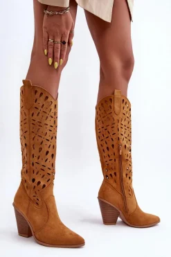 Kozaki Ażurowe|Kozaki Przed Kolano>Boto Zamszowe Ażurowe Kozaki Kowbojki Brązowe Nisu