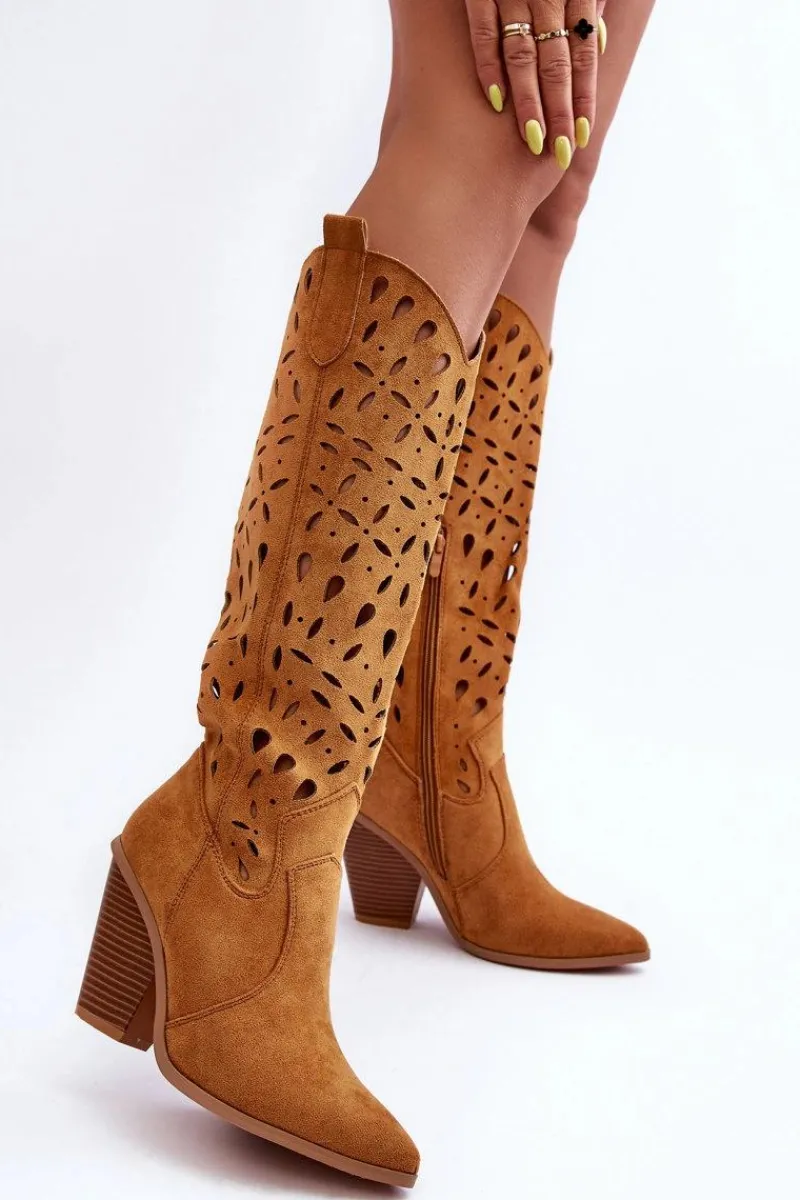 Kozaki Ażurowe|Kozaki Przed Kolano>Boto Zamszowe Ażurowe Kozaki Kowbojki Brązowe Nisu