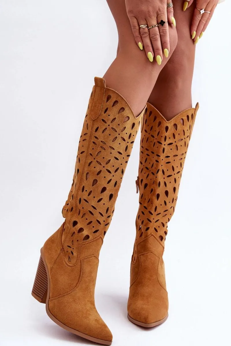 Kozaki Ażurowe|Kozaki Przed Kolano>Boto Zamszowe Ażurowe Kozaki Kowbojki Brązowe Nisu