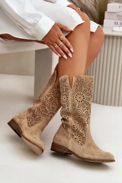 Hot Zamszowe Ażurowe Kozaki Lewski 3366/2Beżowe Damskie Kozaki Wiosenne|Kozaki Ażurowe