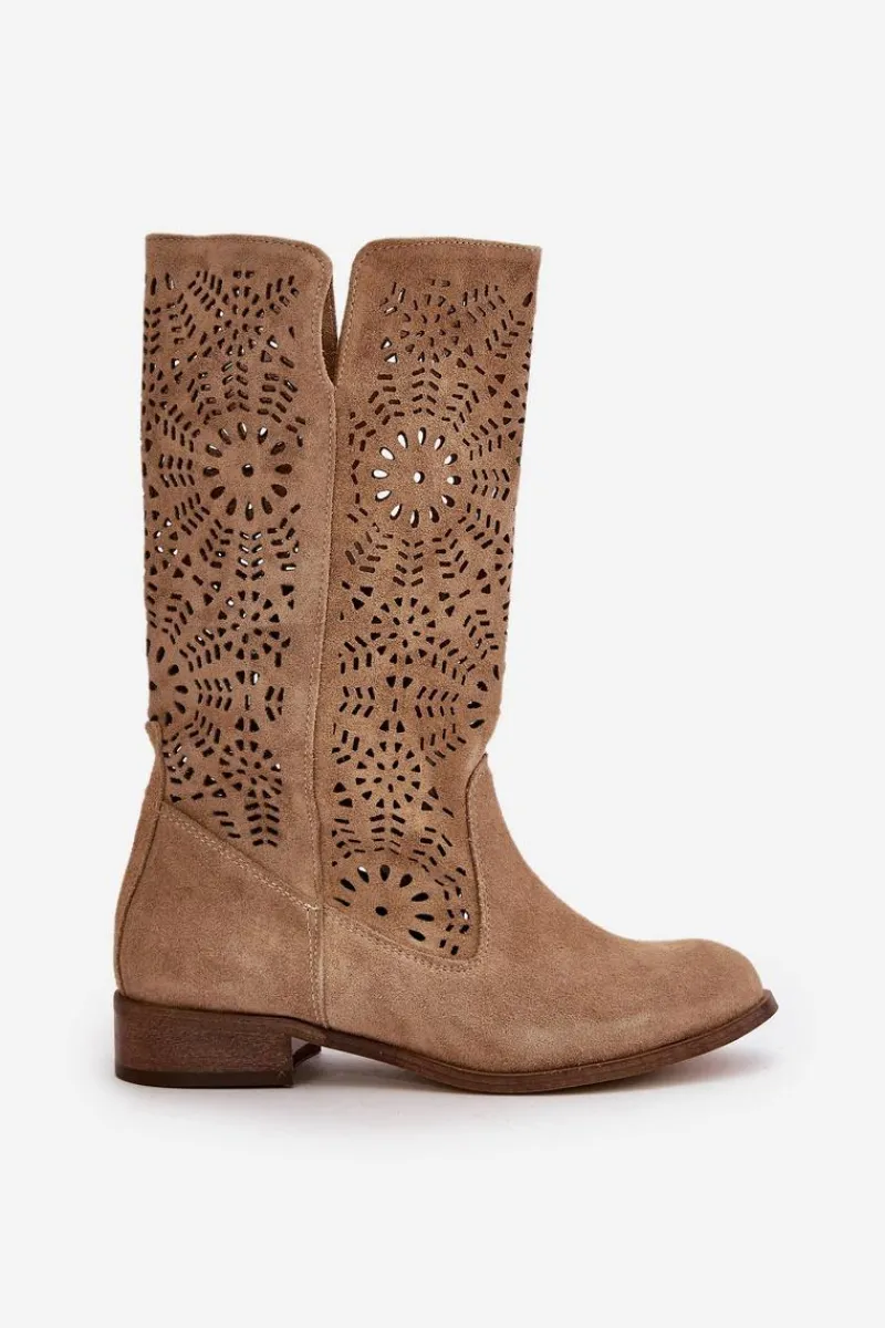 Hot Zamszowe Ażurowe Kozaki Lewski 3366/2Beżowe Damskie Kozaki Wiosenne|Kozaki Ażurowe