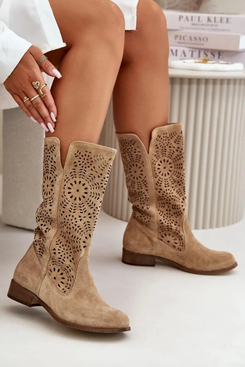 Hot Zamszowe Ażurowe Kozaki Lewski 3366/2Beżowe Damskie Kozaki Wiosenne|Kozaki Ażurowe