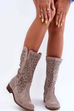 Kozaki Wiosenne|Kozaki Ażurowe>Boto Zamszowe Ażurowe Kozaki Lewski 3366/2 Cappucino