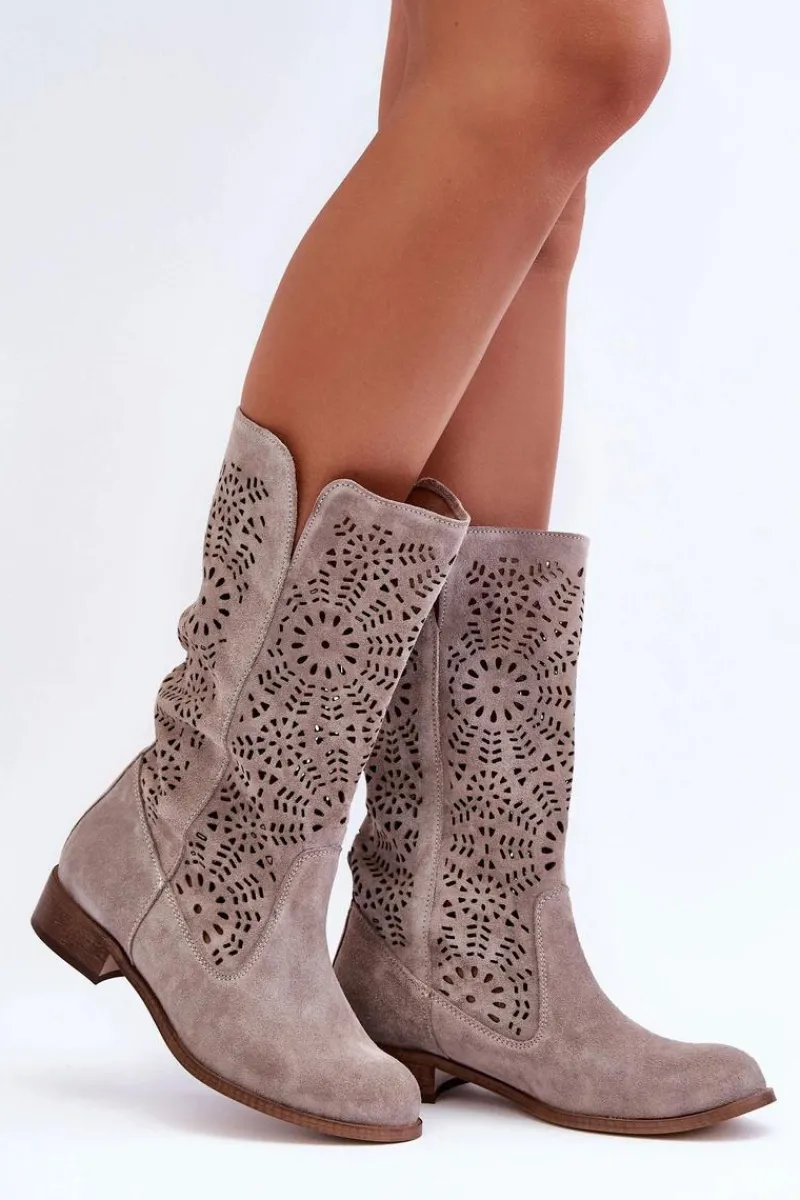 Kozaki Wiosenne|Kozaki Ażurowe>Boto Zamszowe Ażurowe Kozaki Lewski 3366/2 Cappucino