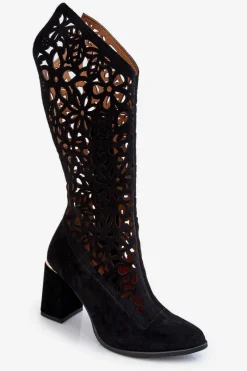 Discount Zamszowe Ażurowe Kozaki Lewski Shoes 3234 Czarne Damskie Kozaki Wiosenne|Kozaki Ażurowe