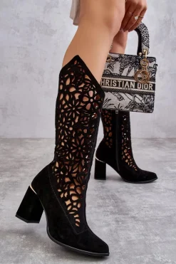 Discount Zamszowe Ażurowe Kozaki Lewski Shoes 3234 Czarne Damskie Kozaki Wiosenne|Kozaki Ażurowe