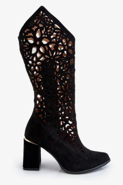 Discount Zamszowe Ażurowe Kozaki Lewski Shoes 3234 Czarne Damskie Kozaki Wiosenne|Kozaki Ażurowe