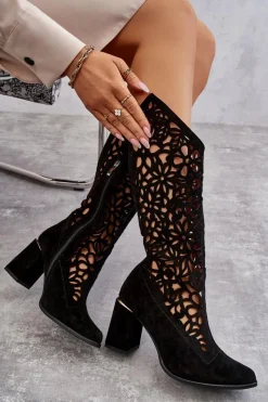 Discount Zamszowe Ażurowe Kozaki Lewski Shoes 3234 Czarne Damskie Kozaki Wiosenne|Kozaki Ażurowe