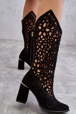 Discount Zamszowe Ażurowe Kozaki Lewski Shoes 3234 Czarne Damskie Kozaki Wiosenne|Kozaki Ażurowe