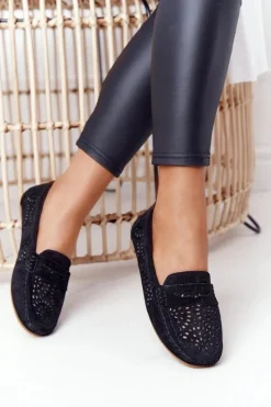 Sale Damskie buty S.Barski Zamszowe Ażurowe Mokasyny Damskie S.Barski Czarne