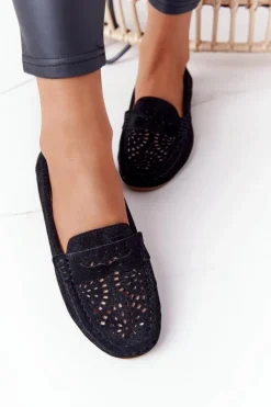 Sale Damskie buty S.Barski Zamszowe Ażurowe Mokasyny Damskie S.Barski Czarne