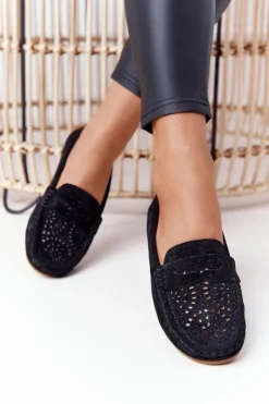 Sale Damskie buty S.Barski Zamszowe Ażurowe Mokasyny Damskie S.Barski Czarne