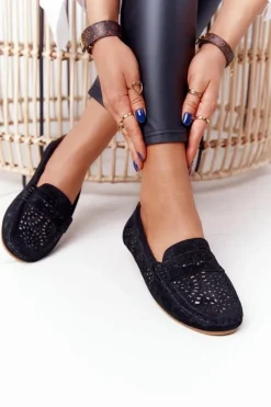 Sale Damskie buty S.Barski Zamszowe Ażurowe Mokasyny Damskie S.Barski Czarne