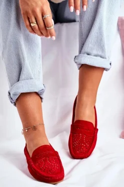 Mokasyny Damskie Zamszowe>Damskie buty S.Barski Zamszowe Ażurowe Mokasyny Damskie S.Barski Czerwone