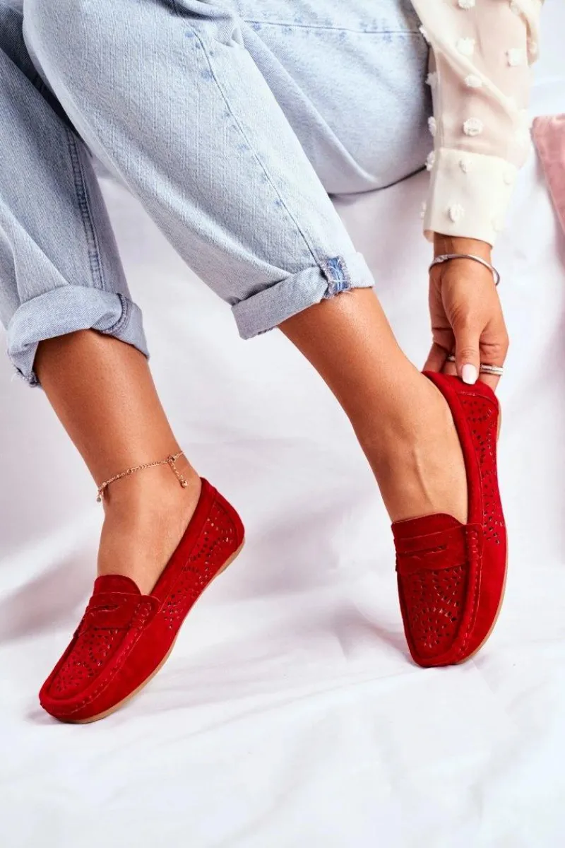 Mokasyny Damskie Zamszowe>Damskie buty S.Barski Zamszowe Ażurowe Mokasyny Damskie S.Barski Czerwone