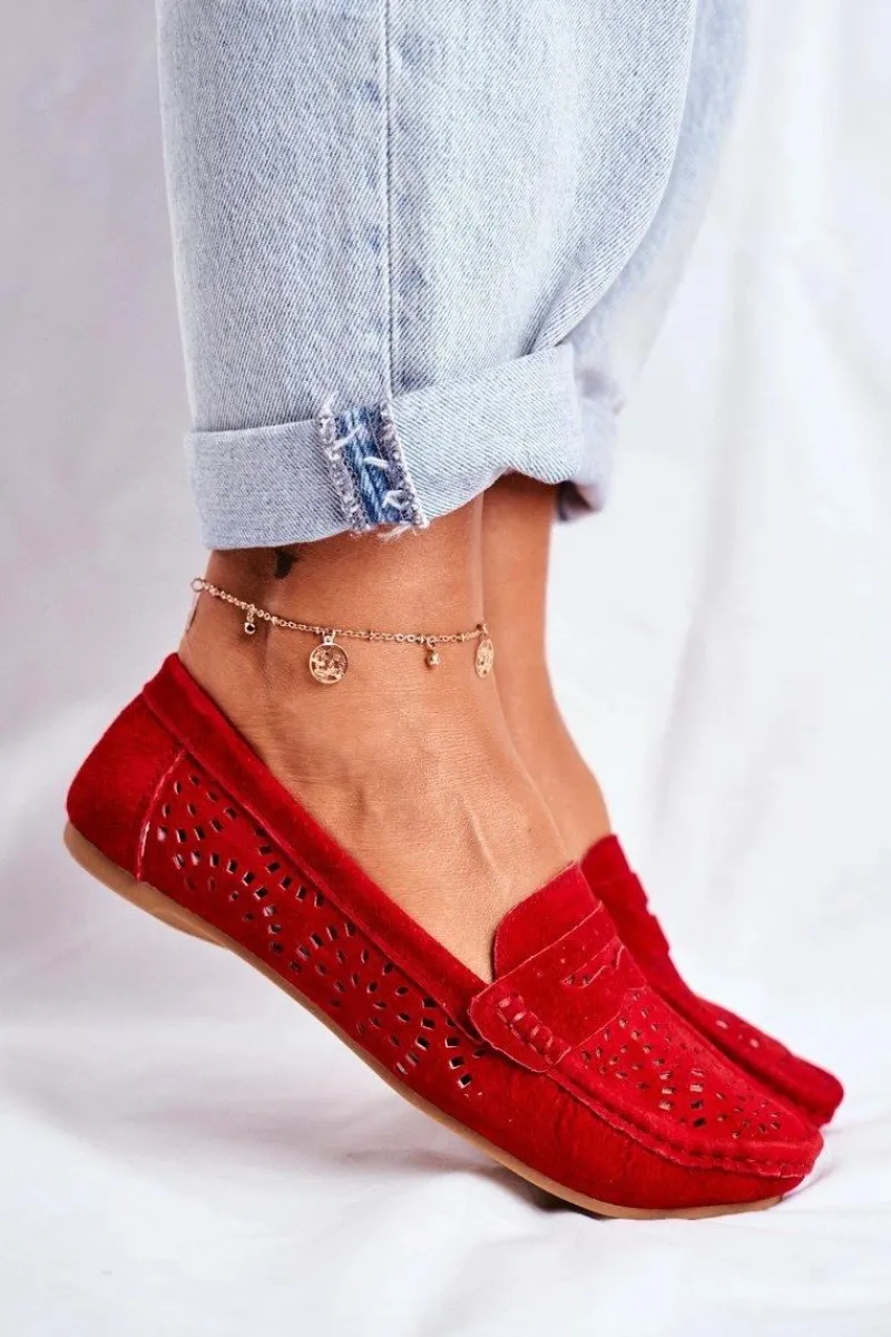 Mokasyny Damskie Zamszowe>Damskie buty S.Barski Zamszowe Ażurowe Mokasyny Damskie S.Barski Czerwone