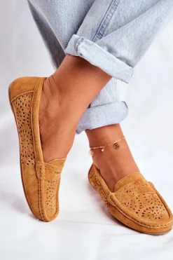 New Zamszowe Ażurowe Mokasyny Damskie S.Barski Camel Damskie Mokasyny Damskie Zamszowe