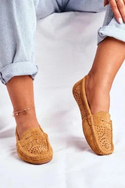 New Zamszowe Ażurowe Mokasyny Damskie S.Barski Camel Damskie Mokasyny Damskie Zamszowe