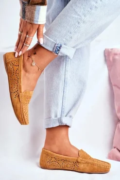 New Zamszowe Ażurowe Mokasyny Damskie S.Barski Camel Damskie Mokasyny Damskie Zamszowe