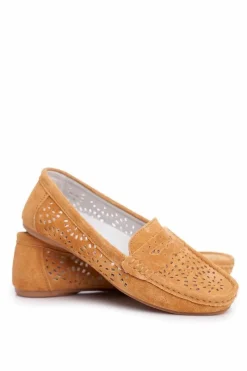 New Zamszowe Ażurowe Mokasyny Damskie S.Barski Camel Damskie Mokasyny Damskie Zamszowe