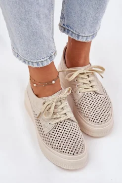 Clearance Artiker Zamszowe Ażurowe Półbuty Damskie Na Platformie 56C2108 Beżowo-Złote