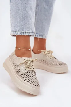 Clearance Artiker Zamszowe Ażurowe Półbuty Damskie Na Platformie 56C2108 Beżowo-Złote
