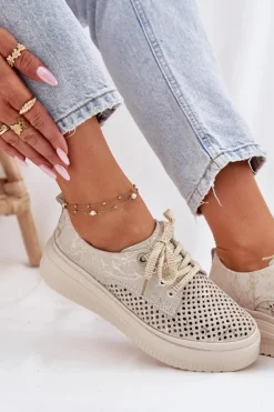 Clearance Artiker Zamszowe Ażurowe Półbuty Damskie Na Platformie 56C2108 Beżowo-Złote
