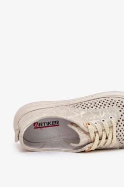 Clearance Artiker Zamszowe Ażurowe Półbuty Damskie Na Platformie 56C2108 Beżowo-Złote