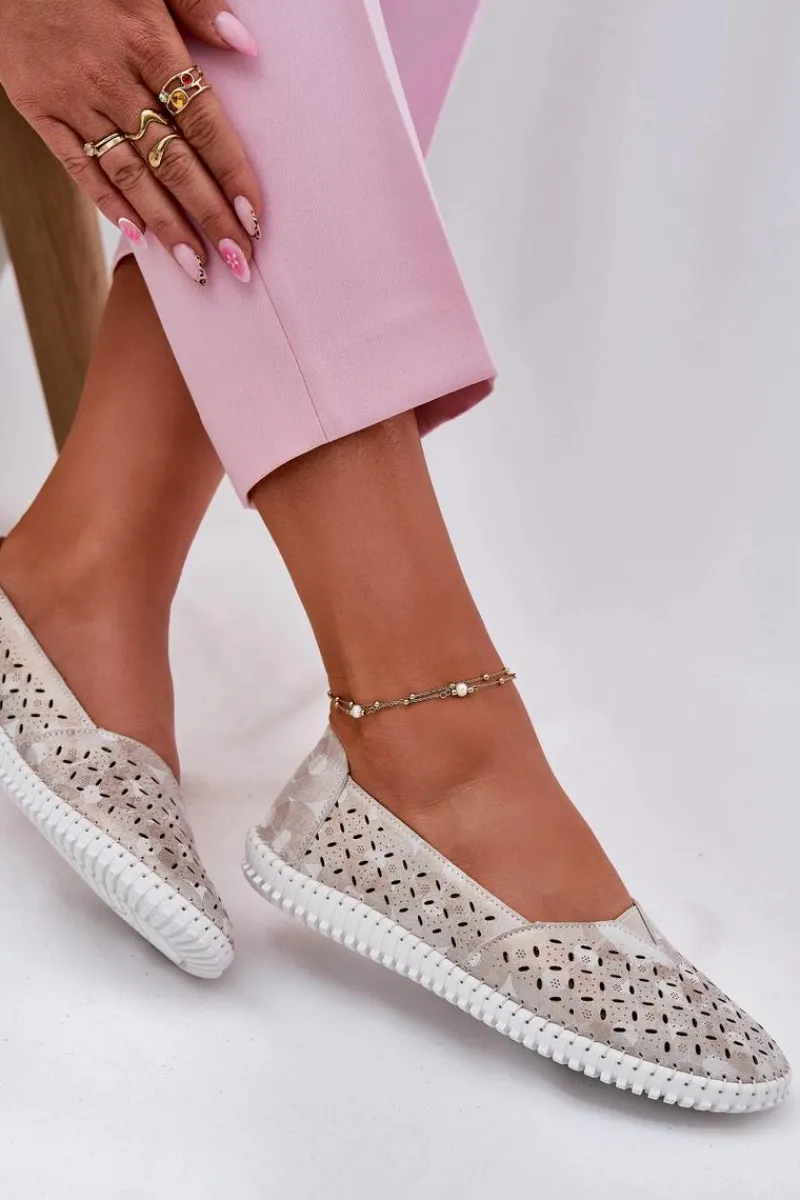 Sale Zamszowe Ażurowe Półbuty Damskie Złoto-Szare Chulieta Damskie Półbuty Skórzane|Mokasyny Damskie Zamszowe