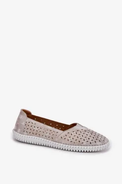 Sale Zamszowe Ażurowe Półbuty Damskie Złoto-Szare Chulieta Damskie Półbuty Skórzane|Mokasyny Damskie Zamszowe