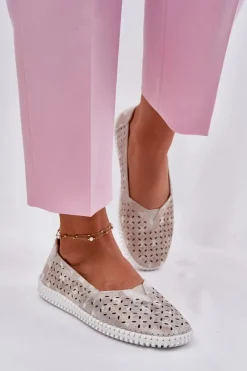 Sale Zamszowe Ażurowe Półbuty Damskie Złoto-Szare Chulieta Damskie Półbuty Skórzane|Mokasyny Damskie Zamszowe