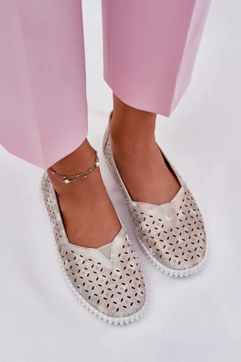 Sale Zamszowe Ażurowe Półbuty Damskie Złoto-Szare Chulieta Damskie Półbuty Skórzane|Mokasyny Damskie Zamszowe