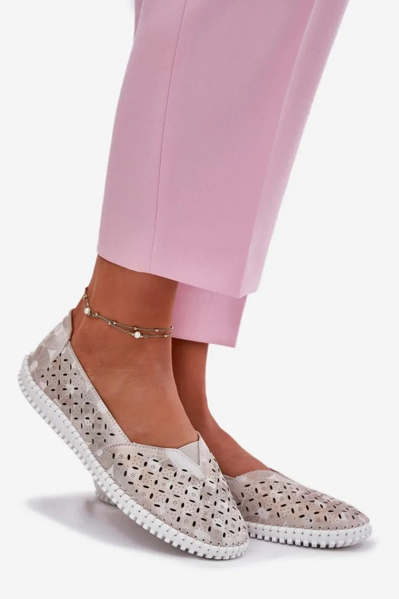 Sale Zamszowe Ażurowe Półbuty Damskie Złoto-Szare Chulieta Damskie Półbuty Skórzane|Mokasyny Damskie Zamszowe