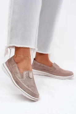 Clearance Evento Zamszowe Ażurowe Półbuty Mokasyny Damskie Złote Redileine