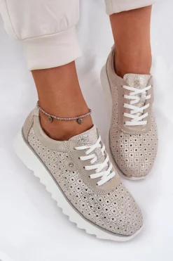 New Zamszowe Ażurowe Sneakersy Na Platformie LR51-927 Złote Damskie Buty Sportowe Na Platformie|Sneakersy Damskie