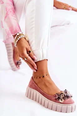 Baleriny Skórzane|Baleriny Klasyczne></noscript>Boto Zamszowe Baleriny Na Platformie Z Ozdobą Różowe Ladette