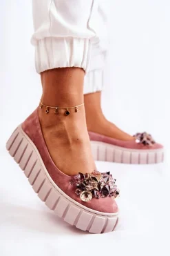 Baleriny Skórzane|Baleriny Klasyczne></noscript>Boto Zamszowe Baleriny Na Platformie Z Ozdobą Różowe Ladette