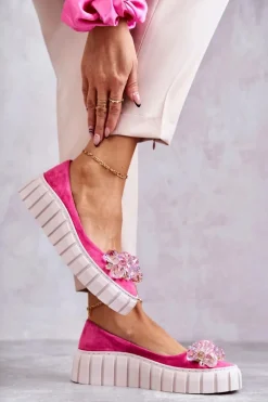 New Zamszowe Baleriny Na Platformie Z Ozdobą Fuksja Ladette Damskie Baleriny Skórzane|Baleriny Klasyczne