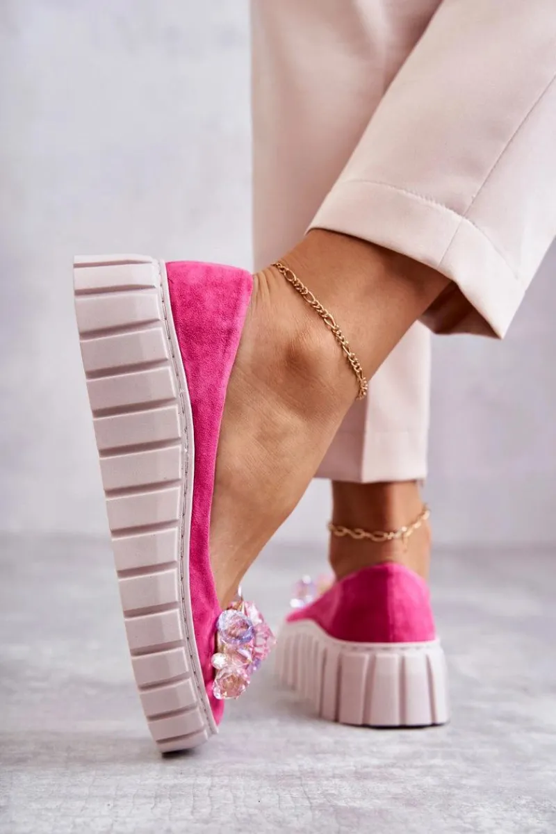 New Zamszowe Baleriny Na Platformie Z Ozdobą Fuksja Ladette Damskie Baleriny Skórzane|Baleriny Klasyczne