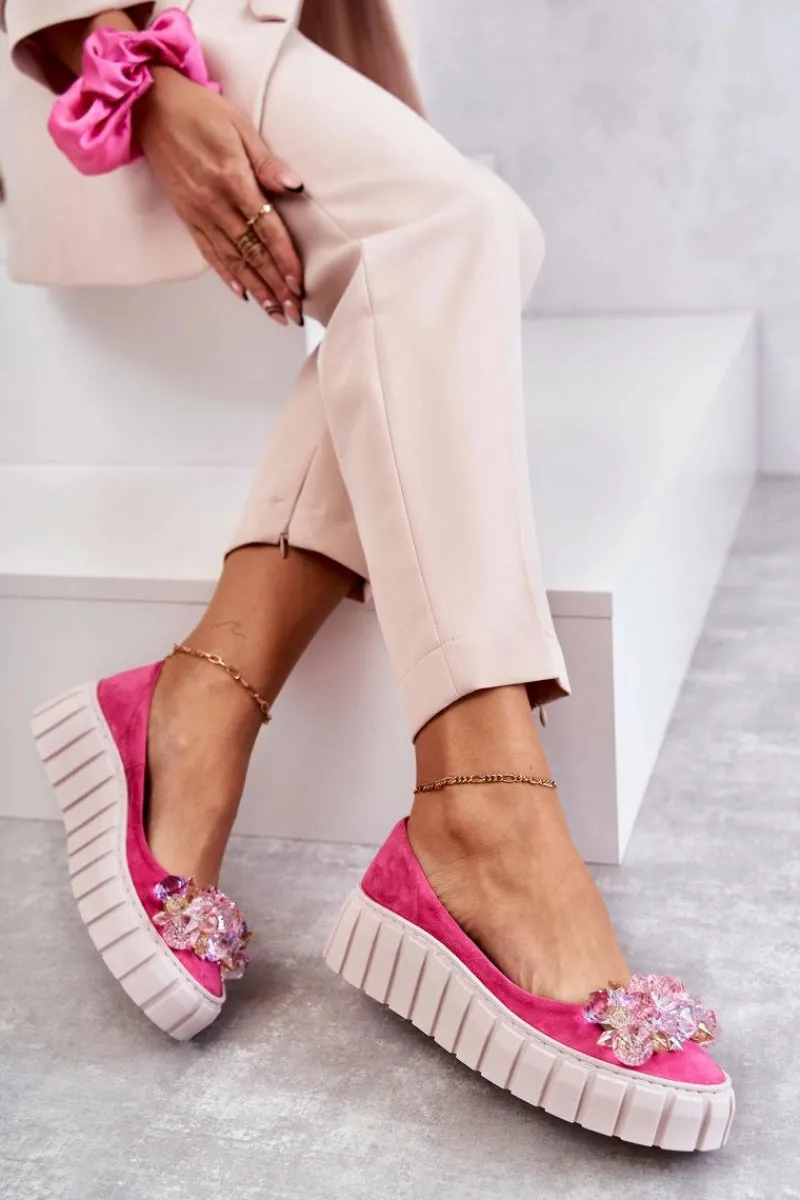 New Zamszowe Baleriny Na Platformie Z Ozdobą Fuksja Ladette Damskie Baleriny Skórzane|Baleriny Klasyczne