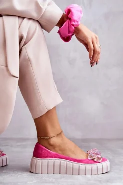 New Zamszowe Baleriny Na Platformie Z Ozdobą Fuksja Ladette Damskie Baleriny Skórzane|Baleriny Klasyczne