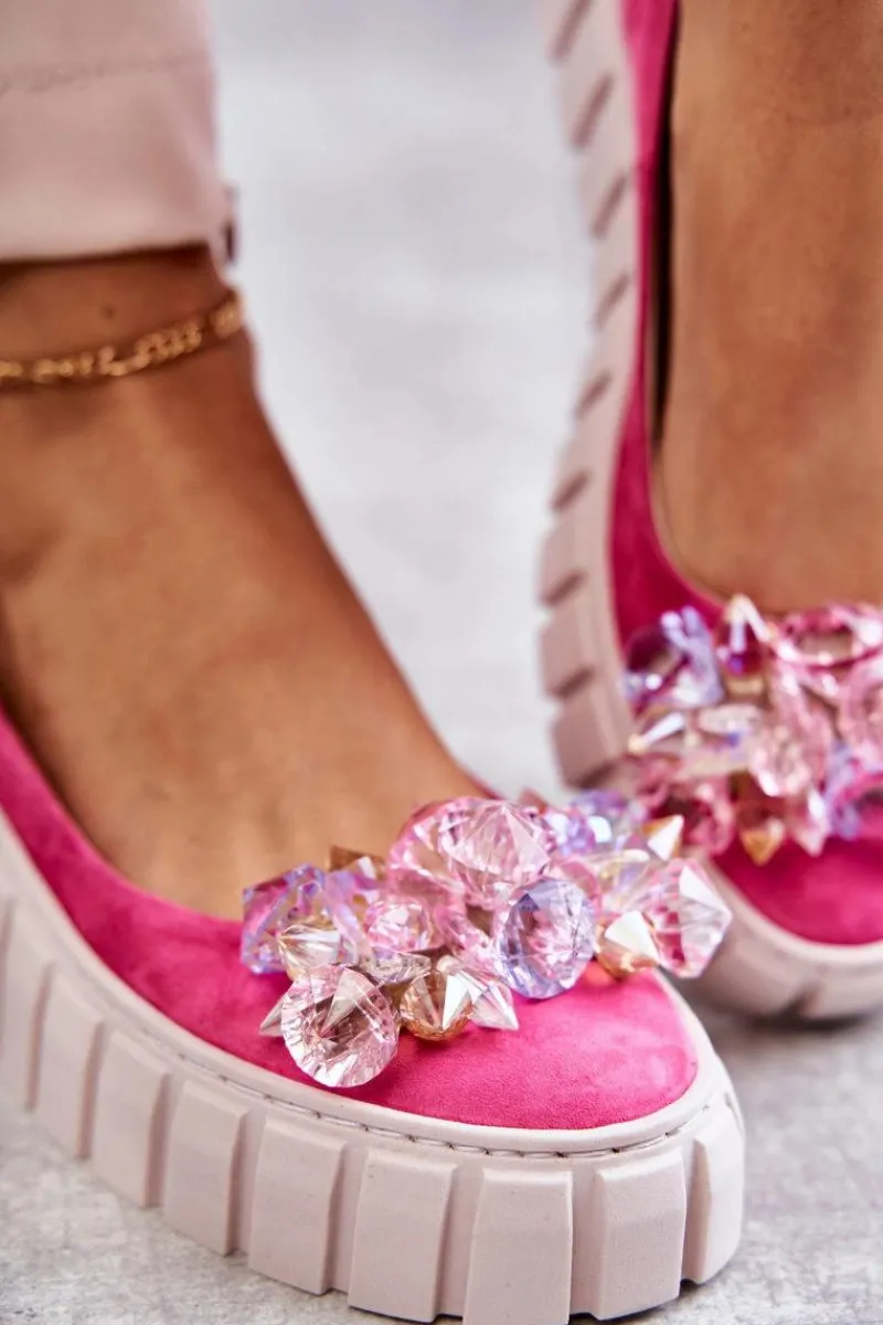 New Zamszowe Baleriny Na Platformie Z Ozdobą Fuksja Ladette Damskie Baleriny Skórzane|Baleriny Klasyczne